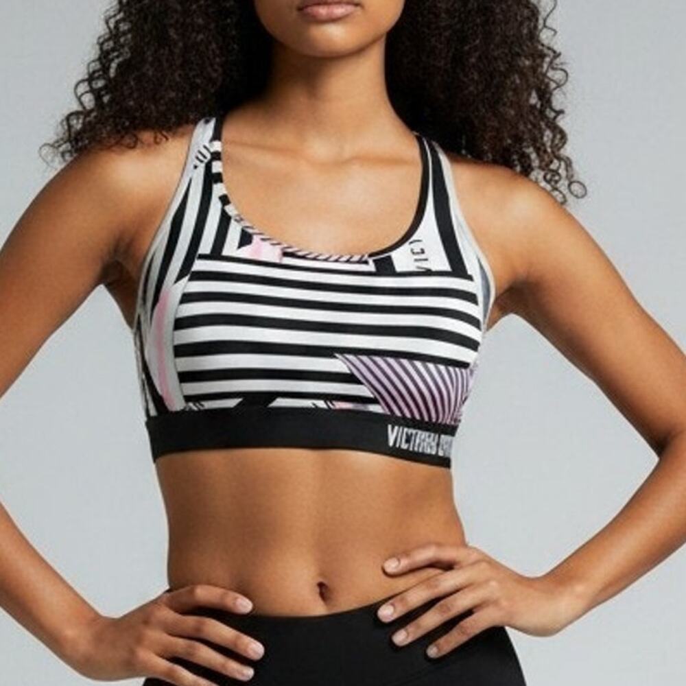 Victoria Sport The Player Black Striped Active Sports Bra Women's Size S